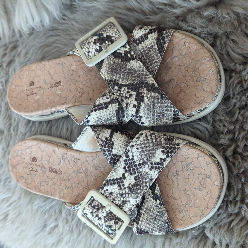 Women’s Snake-Print Slide Sandals with Buckle - Cream/Black